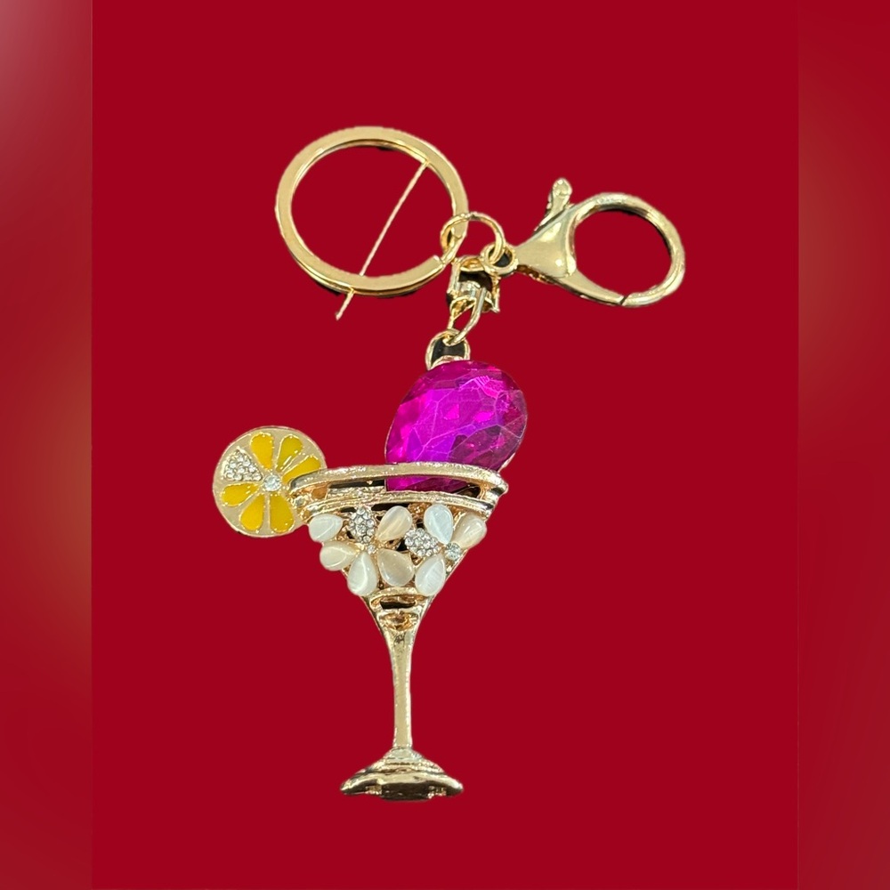 Margarita Drink Keychain Gold With Clear White Pink Beads and Yellow Resin NWT
